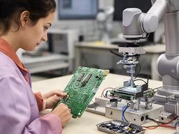 Operatrice che controlla una scheda elettronica mentre un cobot esegue il testing funzionale