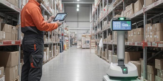 Operatore e robot mobile durante il picking in un magazzino della provincia di Pisa