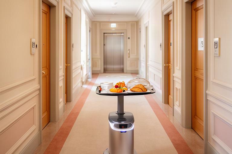 Robot di servizio che consegna una colazione su vassoio in un corridoio di hotel 4 stelle a Firenze