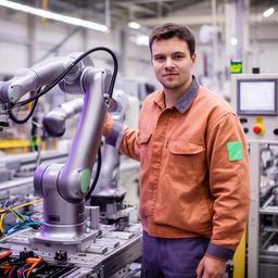 Ekland Longarini, tecnico di campo vicino a un robot collaborativo installato